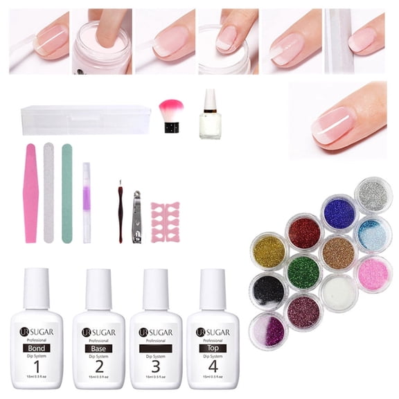 Acrylic Dipping System Set - Nail Kit with Nude Glitter Powder, Base Top Brush Tool Kit, 12PCS Glitter & Nail Tool Set, DIY Nail Art Starter Kit, Long Lasting Manicure Kit for Wome Makeup Organizers
