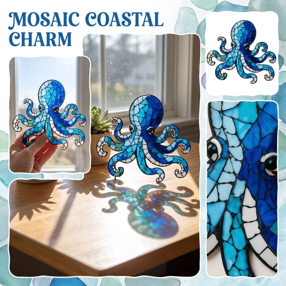 Acrylic Display, Beach Decorations for Home, Nautical Decor, Octopus Decor, 6X6 Inch 2D Mosaic Blue Octopus Desktop Ornament, Glossy Ocean-Inspired Small Decor Piece, Versatile