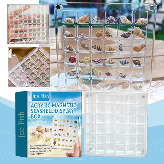 Acrylic Display Box, Magnetic Fiberglass Seashell Display Case, Large Size Storage Box Decorative Box for Seashell Starfish Trinket, Small Craft Organizers Display Case for Bead, Nail, Jewelry