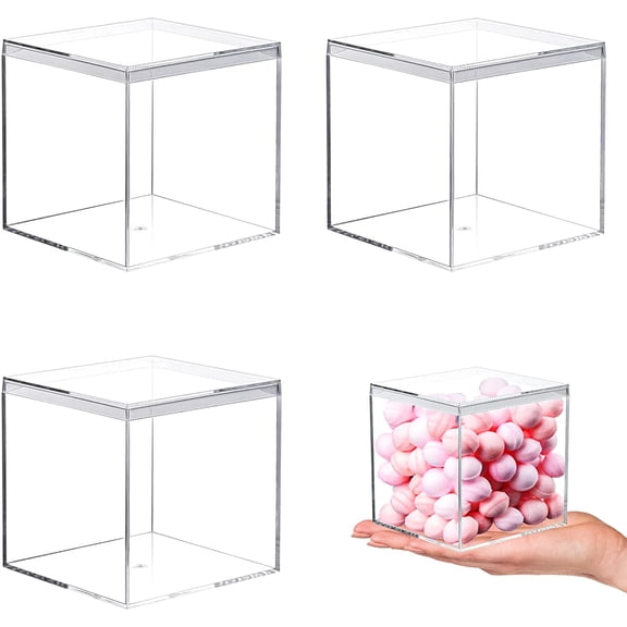 Acrylic Display Boxes 3 Pack Clear Plastic Square Cube 3.3x3.3x3.3 Inch Storage Containers with Lids for Jewelry, Candy, Pills Organizer