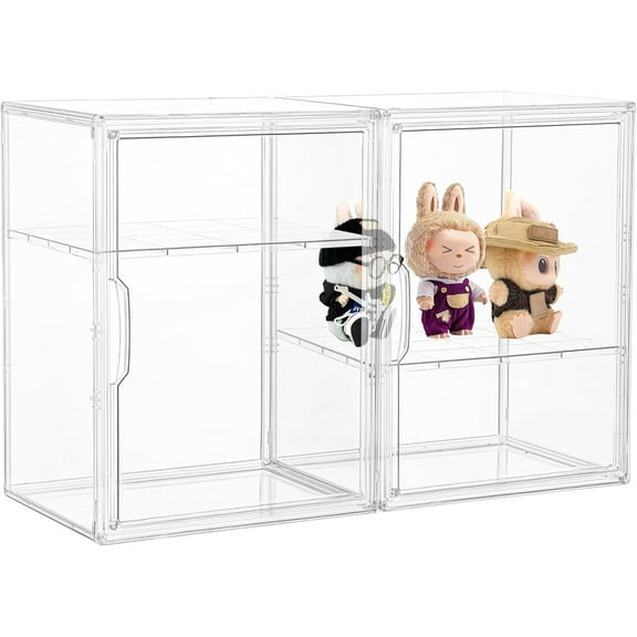Acrylic Display Case, 2 Tier Clear Plastic Stackable Storage Bins with Magnetic Lids, Figure Display Case for Collectibles Cosmetic Acrylic Box, 2 Pack