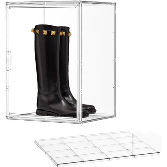 Acrylic Display Case with an Adjustable Divider, 2 Tiers XXX-Large Boot Shoe Storage Boxes Clear Plastic Stackable Storage Bin with Lids Super Large Clear Display Box for Shoes, Collectibles