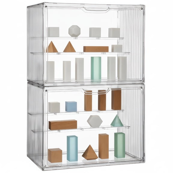 2 PCS Clear Plastic Figurine Display Case, 4 Layers Stackable Display Box with Shelves for Collectibles, Adsorptive Front Opening Dustproof Display Cabinet for Figures Models Souvenirs