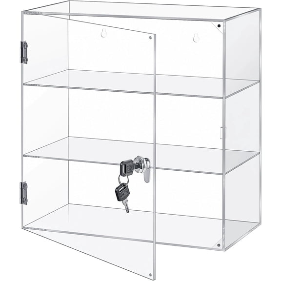 Acrylic Display Case with Lock Key Countertop Display Case Clear Showcase Display Cabinet Multi Functional Safe Storage Box for Retail Store (Fixed 3 Tier,15.7 x 15.7 x 7.8 Inch)
