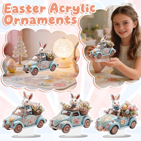 Acrylic Display Shelf Easter Rabbit decor with Pastel Painted Retro Vehicle and Woven Egg Baskets, decorative Easter Eggs for Home decor Use, Perfect As Easter Table decorations