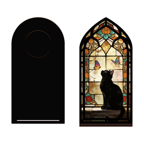 Acrylic Display Stand Stained Glass Style Black Cat Art Plaque with Tealight Holder for Tabletop Home Gothic Decor