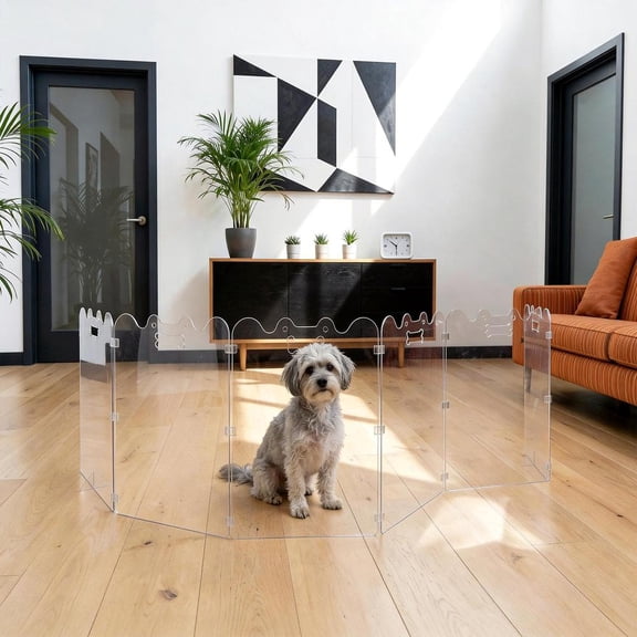 Acrylic Dog Playpen for House, Pre-Assembled Foldable Clear Gate Indoor with Handles, Free-Standing Pet Fence for Doorways for Small Dogs Puppy Cat Rabbit (6-Panel)