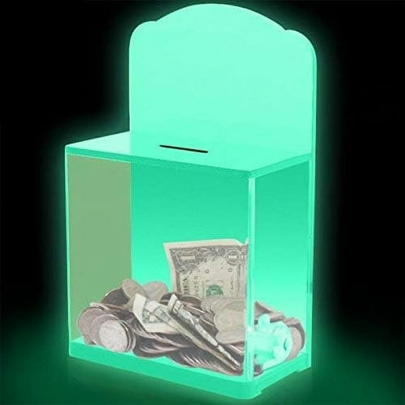 Acrylic Donation Suggestion collection Box For Fundraising Wall mounted Or Retail Countertop Tip Box with curved edges back wall display area 10 x 6 inches, Lock With set of keys Glow in the dark
