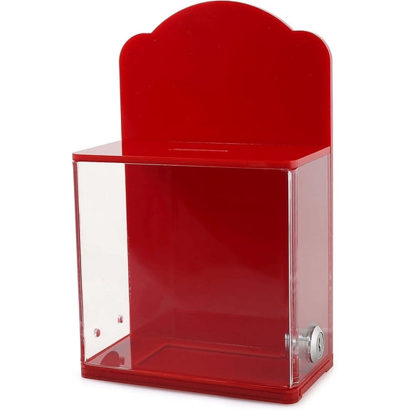 Acrylic Donation Suggestion collection Box For Fundraising Wall mounted Or Retail Countertop Tip Box with curved edges back wall display area 10 x 6 inches, Lock With set of keys Red