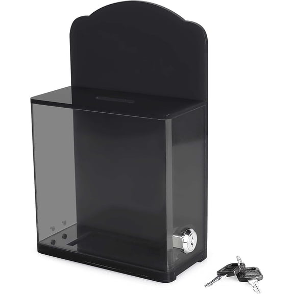 Acrylic Donation Suggestion collection Box Pre Drilled Holes For Wall mounted Or Retail Countertop Tip Box with Curved edges back wall display area 10 x 6 inches, Lock With set of keys Black
