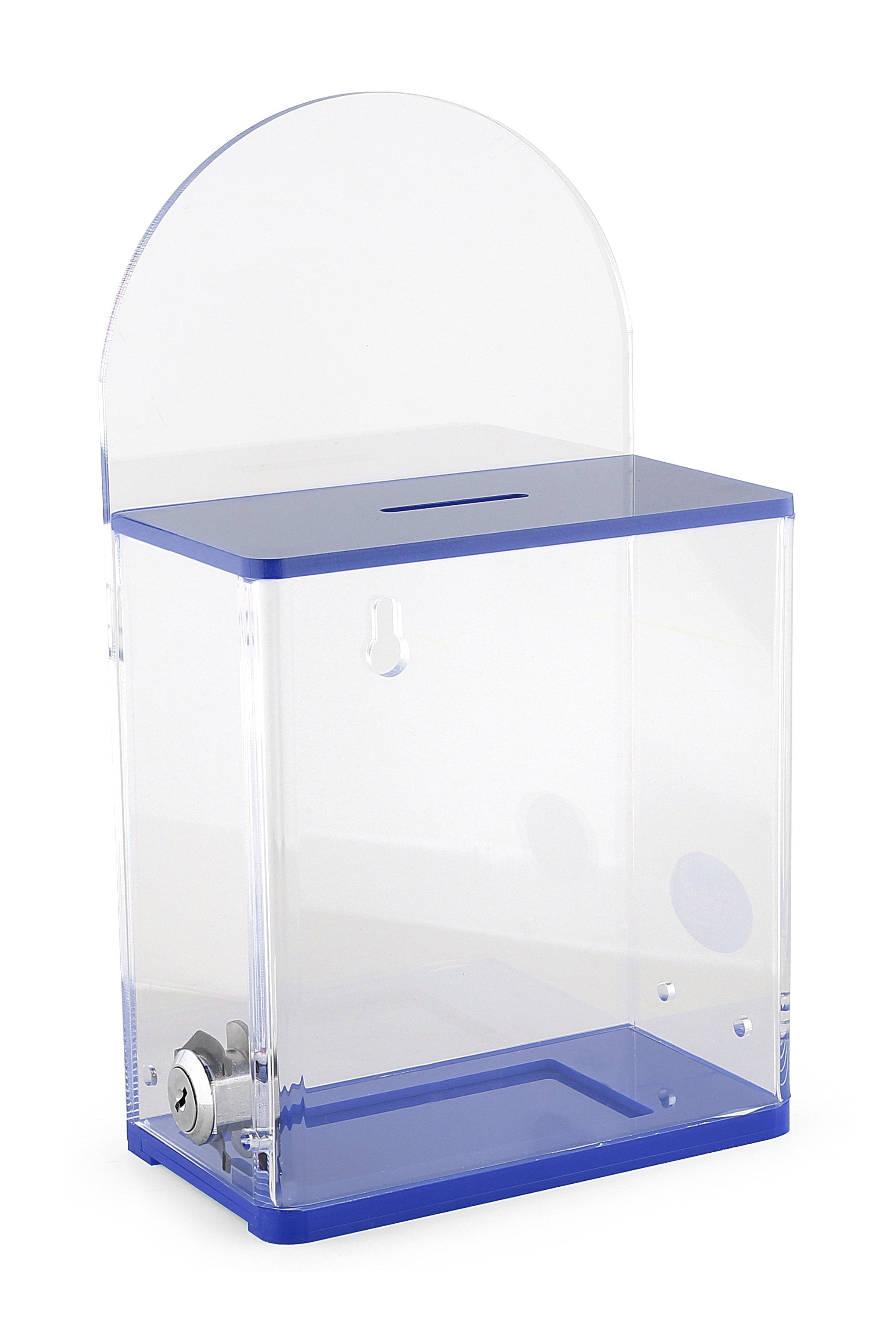 Acrylic Donation Suggestion collection Box Pre Drilled Holes For Wall mounted Or Retail Countertop Tip Box with round back wall display area 10 x 6 inches, Lock With set of keys Blue