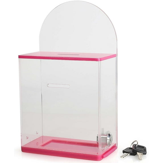 Acrylic Donation Suggestion collection Box Pre Drilled Holes For Wall mounted Or Retail Countertop Tip Box with round back wall display area 10 x 6 inches, Lock With set of keys Pink