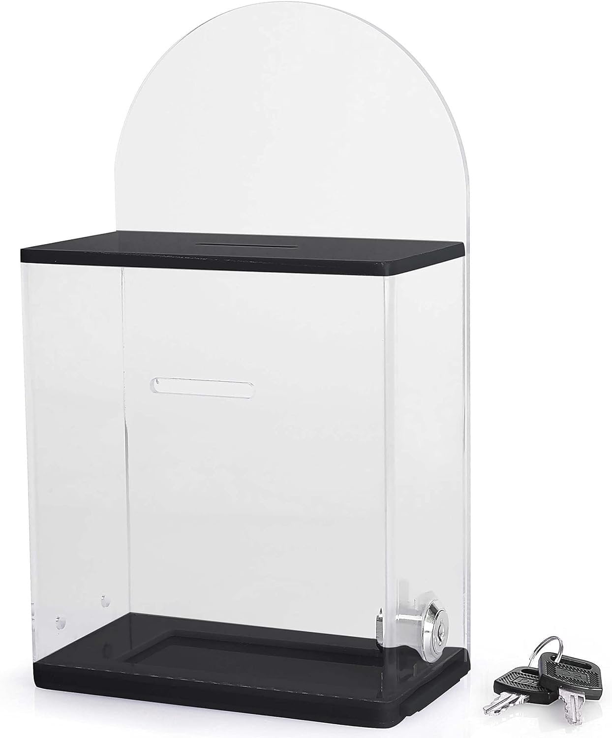 Acrylic Donation Suggestion collection Box Pre Drilled Holes For Wall mounted Or Retail Countertop Tip Box with round back wall display area 10 x 6 inches, Lock With set of keys Black