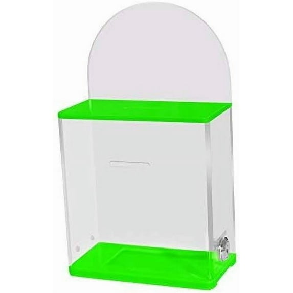 Acrylic Donation Suggestion collection Box Pre Drilled Holes For Wall mounted Or Retail Countertop Tip Box with round back wall display area 10 x 6 inches, Lock With set of keys Neon Green
