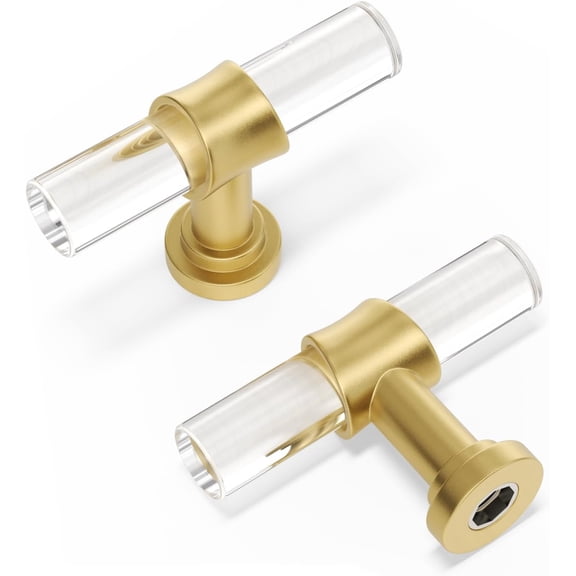 Acrylic Drawer Knobs, Kitchen Cabinet Handles Gold 10 Pack, Dresser Drawer Pull Brushed Brass Cabinet Hardware T Bar Cabinet Knobs Decorative Kitchen Cabinet Knob for Dresser Bathroom