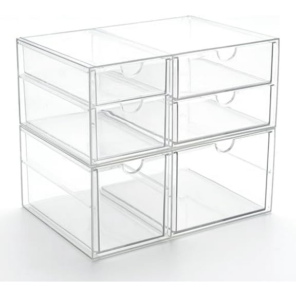 Acrylic Drawer Makeup Organizer with 6 Drawers (Not for Baby Bottle), Set of 2 Office Desk Organizers Accessories, Clear Stackable Storage Drawers for Vanity, Craft (Largest Drawer 4" Tall)