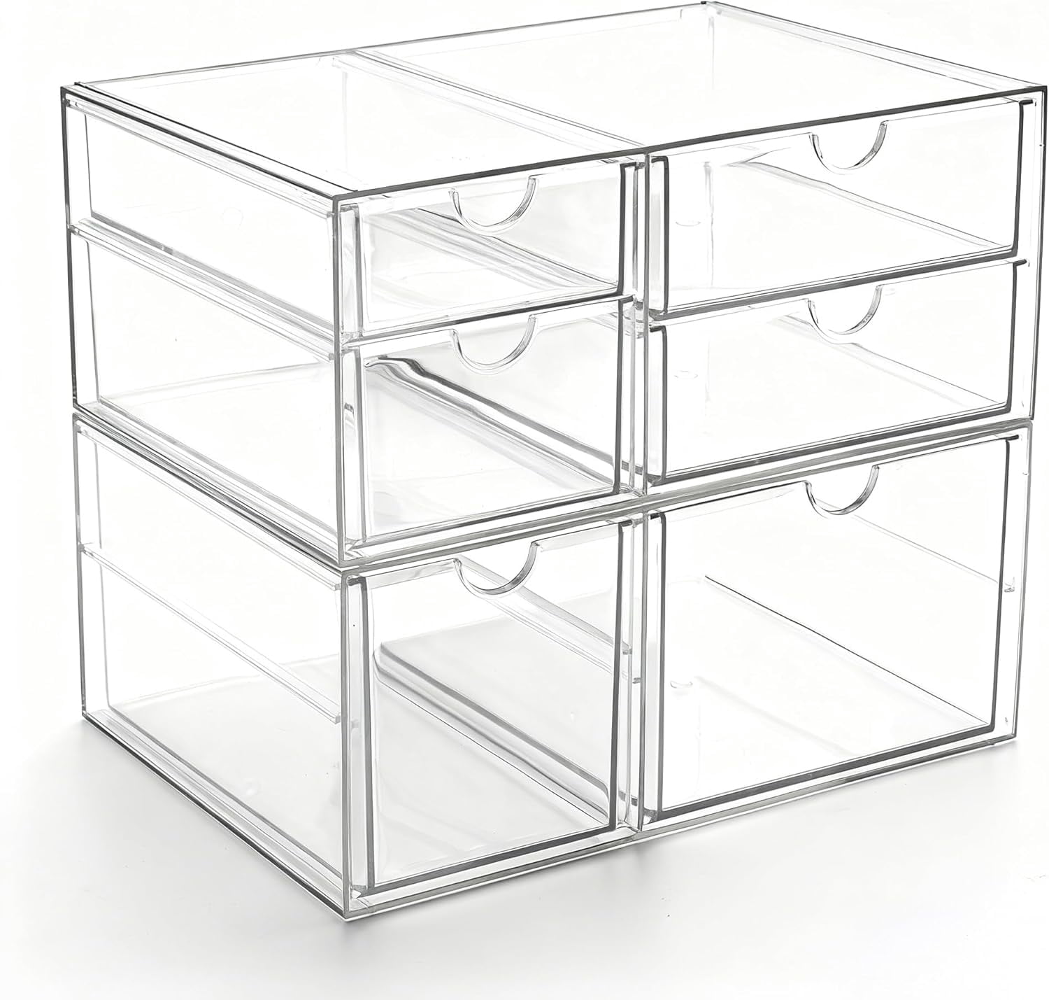 Acrylic Drawer Makeup Organizer with 6 Drawers (Not for Baby Bottle), Set of 2 Office Desk Organizers Accessories, Clear Stackable Storage Vanity, Craft (Largest 4" Tall)