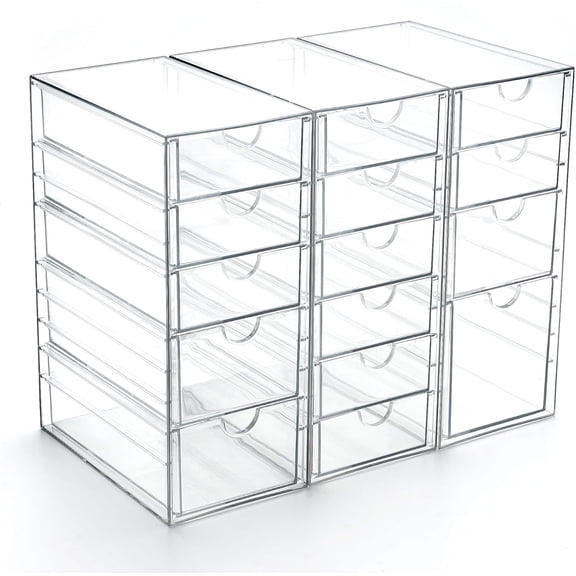 Acrylic Drawer Organizer with 15 Drawers, Makeup Craft Office Desk Organizers Accessories, Set of 3 Clear Stackable Storage Drawers for Vanity, Countertop, Jewelry, Art Supply Organization