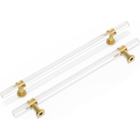 Acrylic Drawer Pulls, Kitchen Cabinet Handle 6-1/4 Inch 10 Pack, Gold Drawer Handles Brushed Brass Kitchen Hardware T Bar Cabinet Pulls for Dresser Bathroom Closet and Cupboard, Zinc Alloy Base