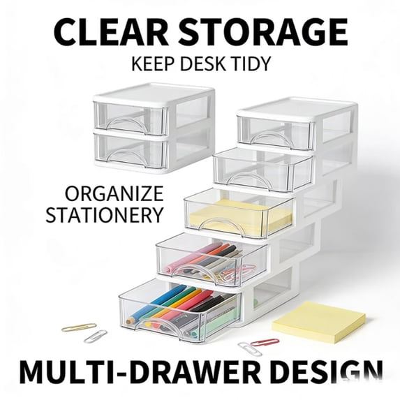Acrylic Drawers Stackable, Wide 4 Drawer Unit, Clear Plastic Countertop or Desktop Drawers, White