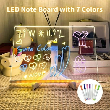 Acrylic Dry Erase Board with Light 11.8 X 7.9” Clear Light up Dry Erase Board with Stand Desktop Glow Memo LED Letter Rewritable Message Board White Board LED Note Board with 7 Color Markers