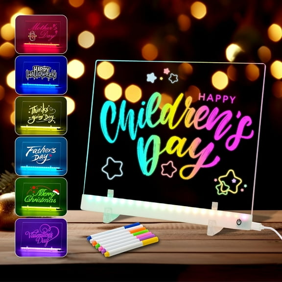 SLUMLOVE 13.7"x10.6"  Acrylic LED Message Board Light Up - Colors Flashing Note, Light Up Dry Erase Message Board with Stand &7 Markers