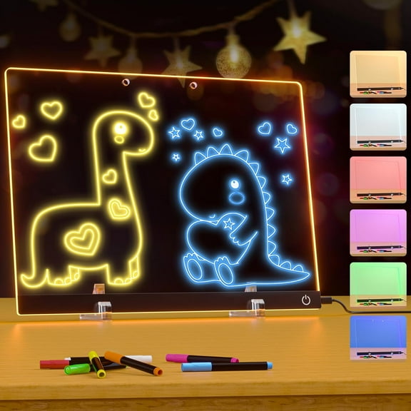 Acrylic Dry Erase Board with Light, 13.7"X10" 6-Color Neon Glow Memo LED Light-Up Message Note Board with Stand as Night Light for Room/Store/Office/Festival/Gift, Touch Control, 7 Markers