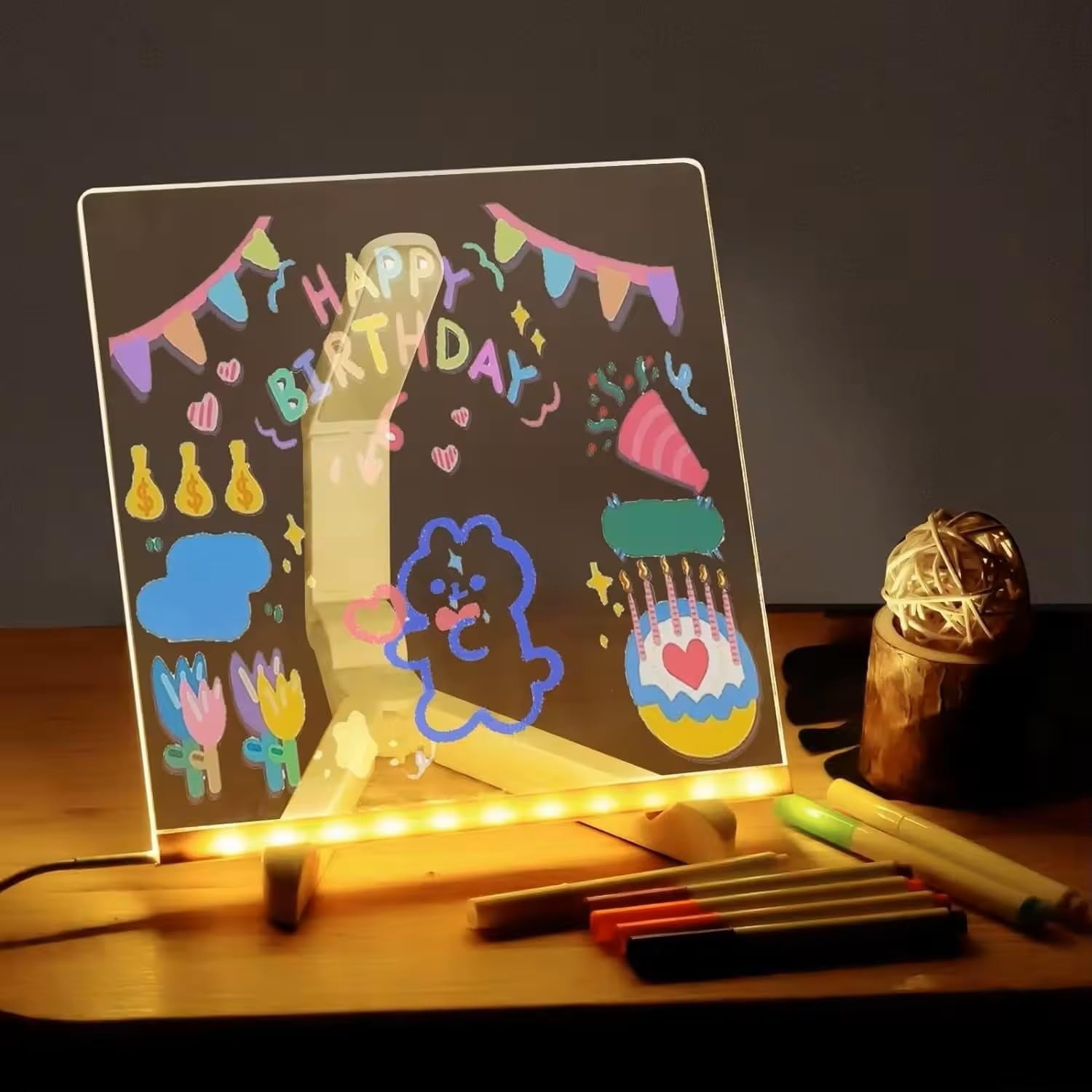 Acrylic Dry Erase Board With LED Lights - 15.7x11.8 Inch Message Board, 6-Color Markers, Stand & Touch Control For Office, Home, Store