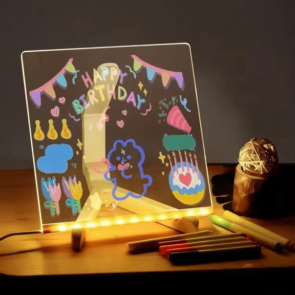 Acrylic Dry Erase Board with Light 5.9 X 5.9” Clear Light up Dry Erase Board with Stand Desktop Glow Memo LED Letter Rewritable Message Board White Board LED Note Board with 7 Color Markers