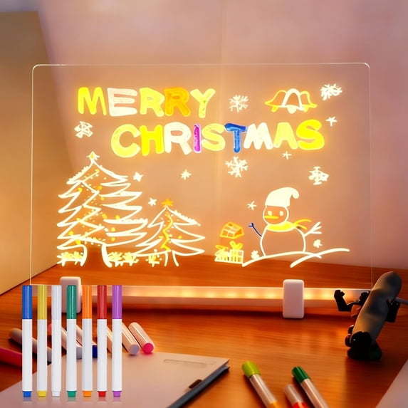 Acrylic Dry Erase Board with Light,  LED Note Board with Colors Light Up Dry Erase Board with Adjustable Stand and 7 Colors Pen, LED Illuminated Drawing Board for Office School Home