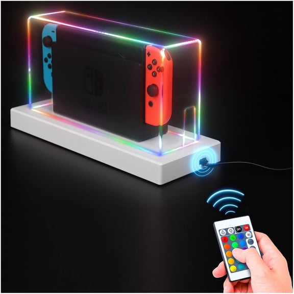 Acrylic Dust Cover Accessories for Nintendo Switch/Switch OLED - Waterproof, Anti-Scratch, Clear Display Case with Light Base, 16 LED Colors-Transparent