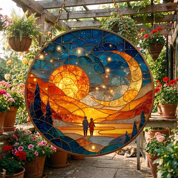 Acrylic Effect Moonlight Couple Suncatcher Window Hanging, Romantic Night Ocean Scene Acrylic Art Decor