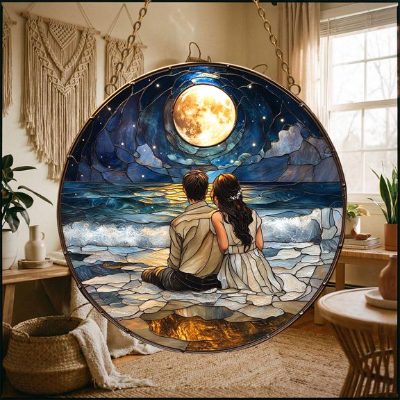 Acrylic Effect Moonlight Couple Suncatcher Window Hanging, Romantic Night Ocean Scene Acrylic Art Decor