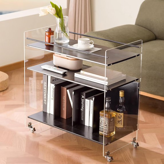 Acrylic End Table with Wheels, 3-Tier Clear Sofa Side Table Modern Coffee Table with Open Bamboo Storage Shelf, Rolling Storage Acrylic Cart Home Decor Nightstand for Living Room Bedroom (Black)
