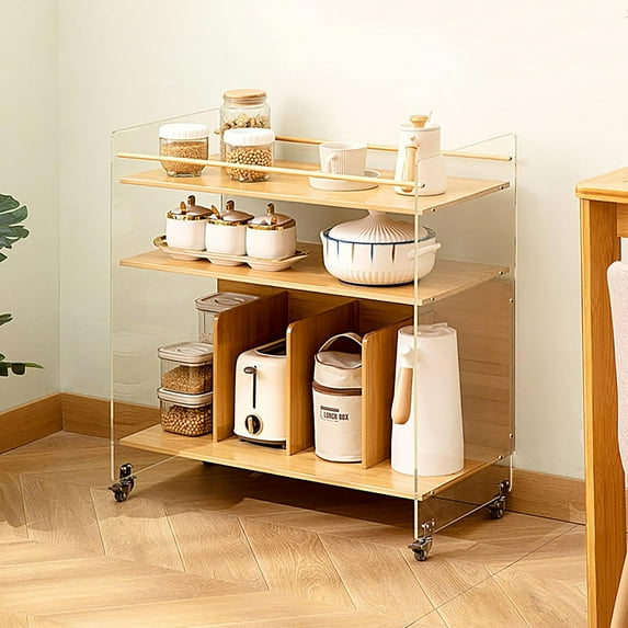 Acrylic End Table with Wheels, 3-Tier Clear Sofa Side Table Modern Coffee Table with Open Bamboo Storage Shelf, Rolling Storage Acrylic Cart Home Decor Nightstand for Living Room Bedroom (Wood Color)