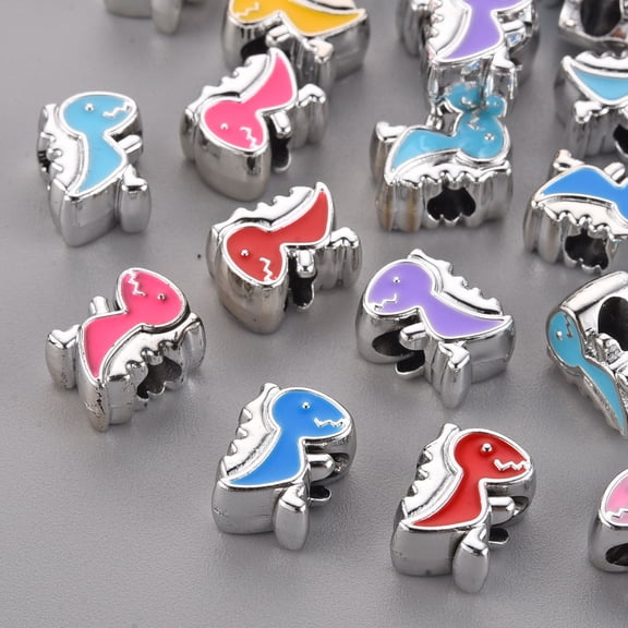 Acrylic European Beads with Enamel Large Hole Beads Mixed Color Dinosaur Platinum 13x10x7mm Hole: 4mm
