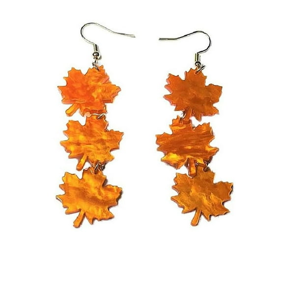 Acrylic Fall Maple Leaf Earrings for Women, Glittery, 9cm Long, Stainless Steel Studs, Lightweight, Halloween/Autumn Jewelry