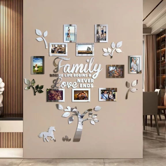 Acrylic Family Tree Frame, DIY Mirror Photo Sticker, Wall Decor with Picture Slots, Genealogy Display Board, Memory Photo Collage, Keepsake Gift for Grandparents, B