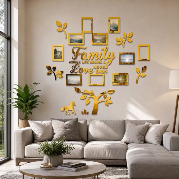 Acrylic Family Tree Frame, DIY Mirror Photo Sticker, Wall Decor with Picture Slots, Genealogy Display Board, Memory Photo Collage, Keepsake Gift for Grandparents, A