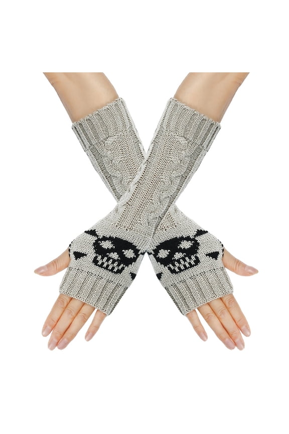 Acrylic Fiber Knitted Mittens Fingerless Gloves Skull Pattern Winter Warm Stretch Long Sleeve for Women Light Grey 290x80mm