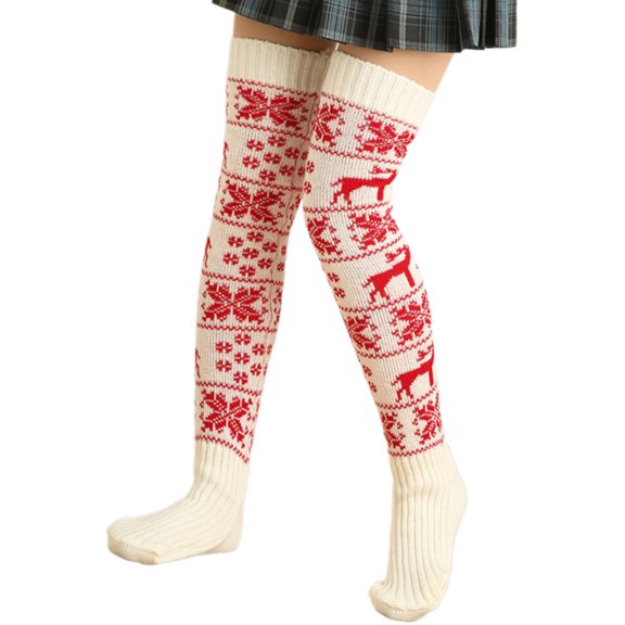 Acrylic Fiber Knitted Over Knee Christmas Long Socks for Women Reindeer Snowflake Pattern Festival Thigh High Stockings