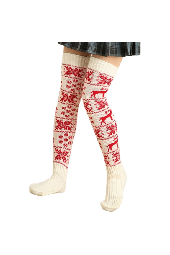 Acrylic Fiber Knitted Over Knee Christmas Long Socks for Women Reindeer Snowflake Pattern Festival Thigh High Stockings