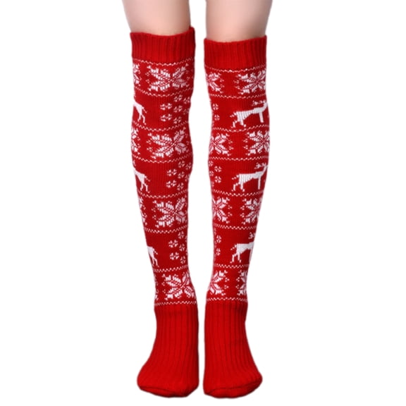 Acrylic Fiber Knitted Over Knee Christmas Long Socks for Women Reindeer Snowflake Pattern Festival Thigh High Stockings
