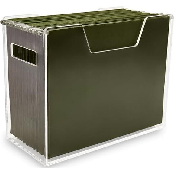 Acrylic File Holder - Clear Hanging File Organizer Box, Modern Acrylic File Folder Organizer, Lucite Hanging File Crate Bin with handles, Transparent Desktop File Folder Box for Letter Size