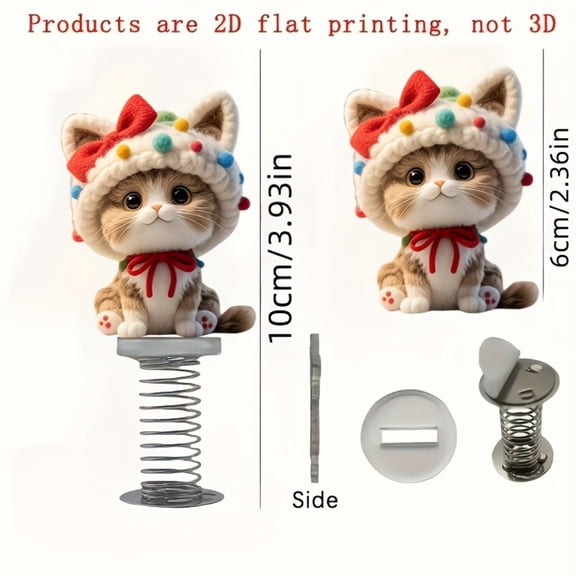 Acrylic Flat Cute Cat Spring Mini Figurine, 2D Printed (Not 3D) With Red Hat Bow & Pom-Poms, 10Cm Height 6Cm Width Desktop Decor For 14+ Teens, Acrylic Material Spring Base,