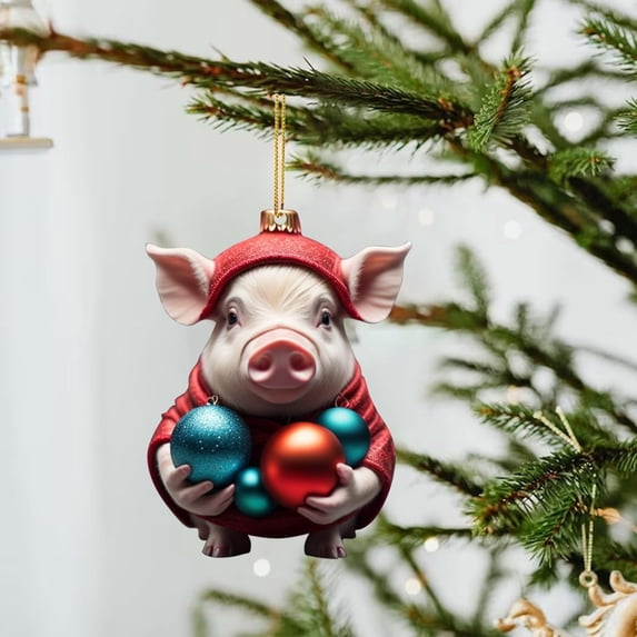 Acrylic Flat Pig Christmas Pendant Ornament Festive Tree Hanging Decoration, Clear Printed Holiday Pig Figurine Pendant for Car Rearview Mirror Decor, Lightweight Decorative Xmas Ornament