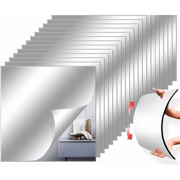 Acrylic Flexible Mirror Sheets, 12 Pack Self Adhesive Mirror Tiles Square Cuttable Mirror Wall Stickers, Non-Glass Mirror Stickers Safety Reflective Mirror for DIY Craft Home Wall Decor