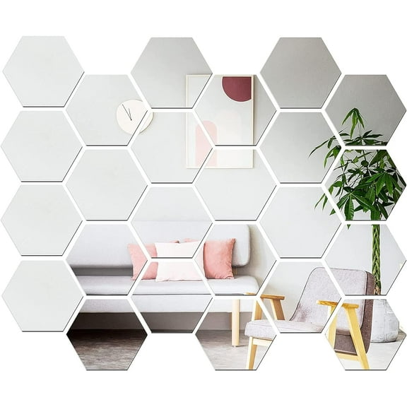 Hexagon Mirror Wall Stickers,DIY Wall Decals, Silver Acrylic Mirror Sticker Set 32 Pcs, Plastic Tiles Wall Stickers for Living Room Bedroom Decor