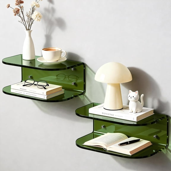 Acrylic Floating Nightstand, Wall Mounted Bedside Table Shelf (Green Set of 2, 15.79.45.9)