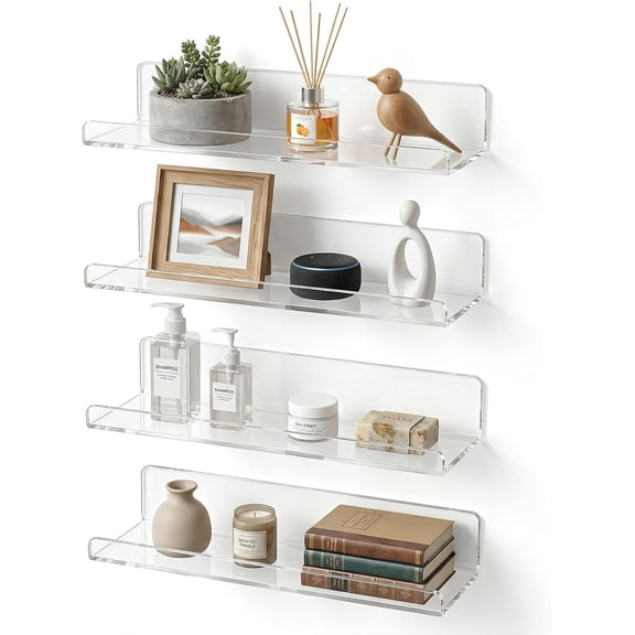 Acrylic Floating Shelves, Adhesive Wall Mount Command Shelves for Bathroom, Kitchen, Dorm - Renter-Friendly Easy Install Home Decor and Organization (Fully Clear-4 Pack)